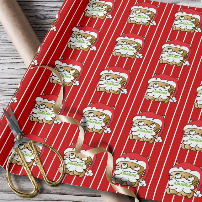 Cute Funny Christmas Cartoon Cat Personalised Red Wrapping Paper (Creator Uploaded)