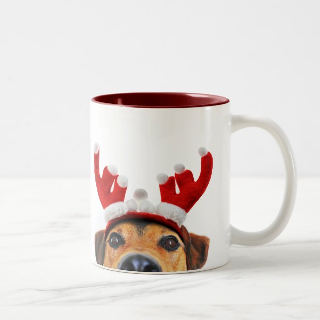 Cute Funny Christmas Dog Reindeer Antler Headband Two-Tone Coffee Mug (Right)