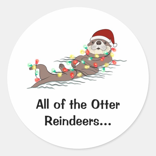 Cute Funny Christmas Lights Otter Reindeers  Classic Round Sticker (Front)