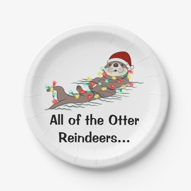 Cute Funny Christmas Lights Otter Reindeers   Paper Plate (Front)