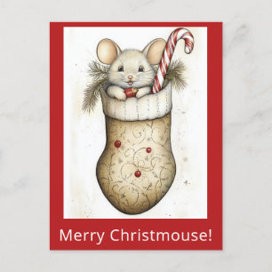 Cute Funny Christmas Mouse Stocking Watercolor Postcard