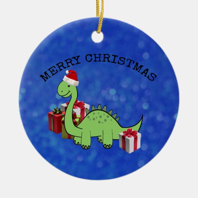 Cute funny  Christmas Santa dinosaur Ceramic Ornament (Front)