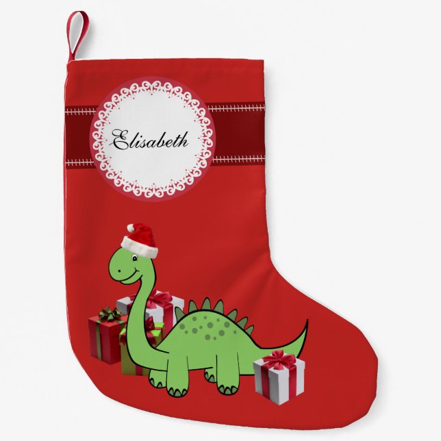 Cute funny Christmas Santa dinosaur personalised Small Christmas Stocking (Front)