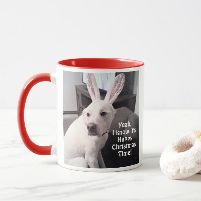 Cute Funny Christmas White Dog with Bunny Ears Mug (With Donut)