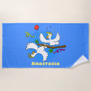 Cute funny cockatoo birds cartoon beach towel