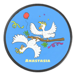 Cute funny cockatoo birds cartoon hockey puck
