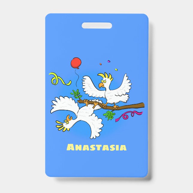 Cute funny cockatoo birds cartoon ID badge (Front)