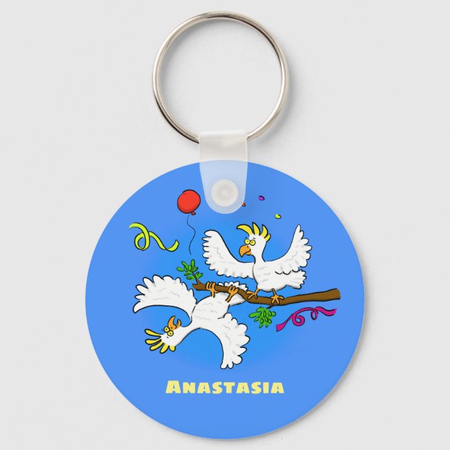 Cute funny cockatoo birds cartoon key ring (Front)