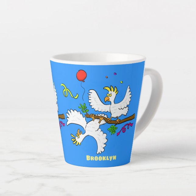 Cute funny cockatoo birds cartoon latte mug (Right Angle)