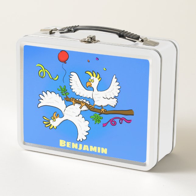Cute funny cockatoo birds cartoon metal lunch box (Front)