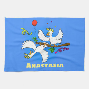 Cute funny cockatoo birds cartoon tea towel