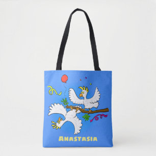 Cute funny cockatoo birds cartoon tote bag