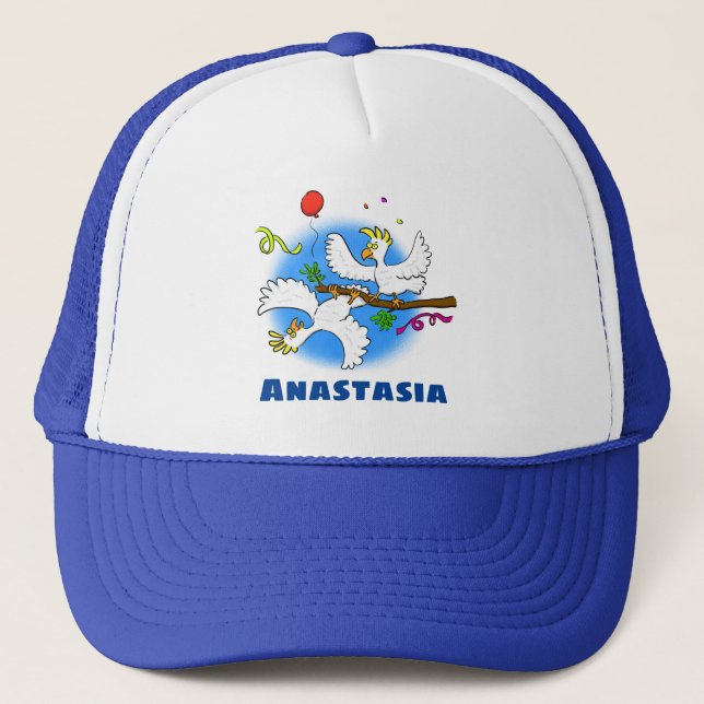 Cute funny cockatoo birds cartoon trucker hat (Front)