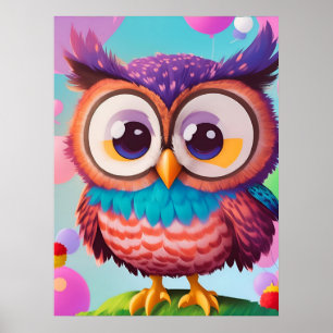 Cute Funny Colourful Comic Owl AI Art  Poster