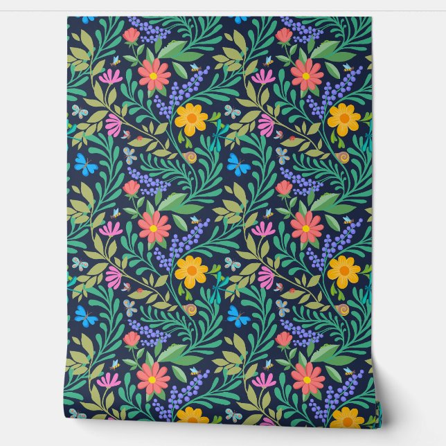 Cute Funny Colourful Floral Elegant Happy Navy Blu Wallpaper (Unrolling)