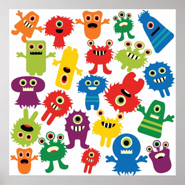 Cute Funny Colourful Monsters Pattern Poster (Front)