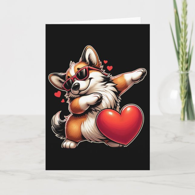 Cute Funny Cool Corgi Dog Dabbing Heart Valentines Card (Front)