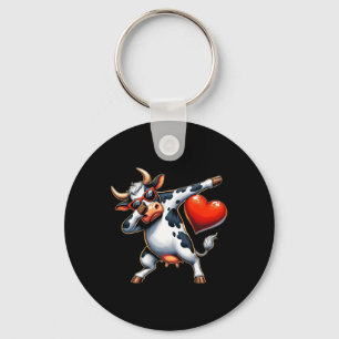 Cute Funny Cool Cow Dabbing Heart Valentines Day Key Ring