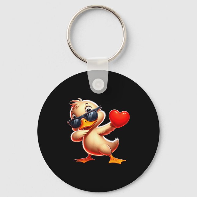 Cute Funny Cool Duck Dabbing Heart Valentines Day  Key Ring (Front)