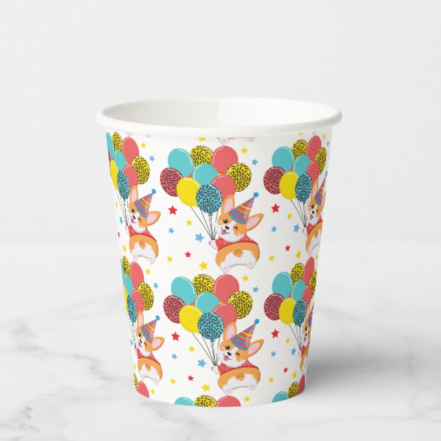 Cute Funny Corgi with Balloons Hat Stars Birthday Paper Cups (Left)