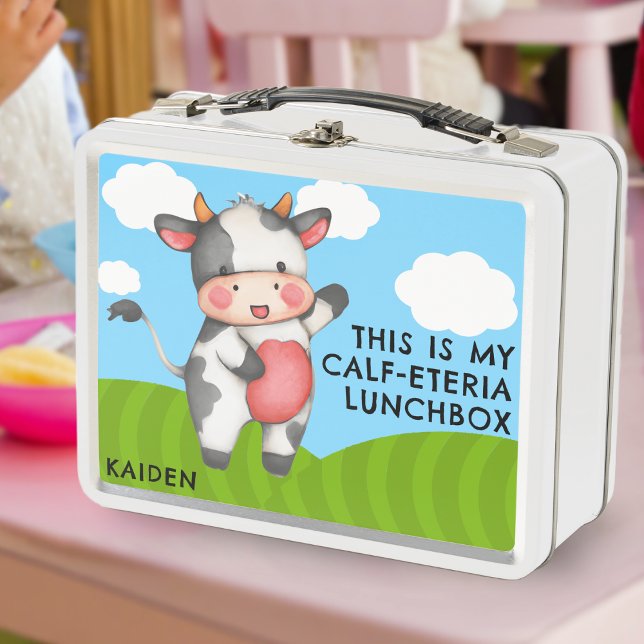 Cute Funny Cow Pun Joke Farm Animal Kids School Metal Lunch Box (funny cow cafeteria school lunch joke lunchbox for kids)