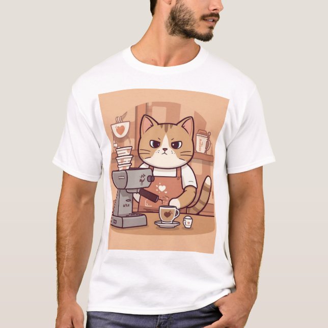 Cute Funny Cozy Barista Cat & Coffee T-shirt (Front)