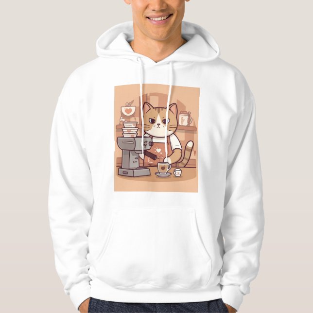 Cute Funny Cozy Cartoon Barista Cat Hoodie T-shirt (Front)