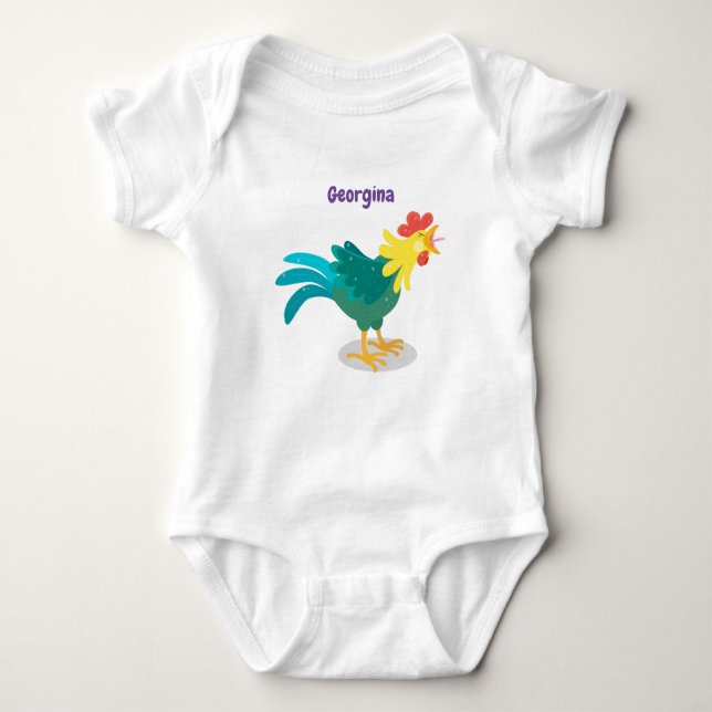 Cute funny crowing rooster cartoon illustration baby bodysuit (Front)