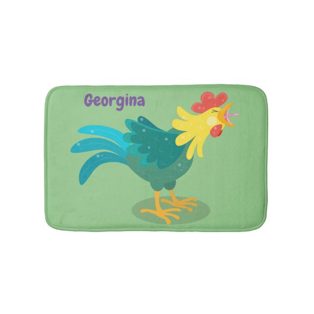 Cute funny crowing rooster cartoon illustration bath mat (Front)
