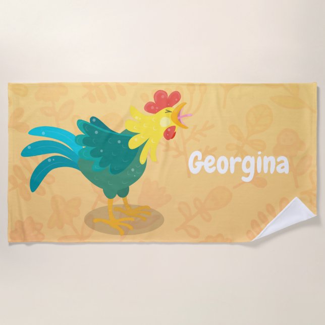 Cute funny crowing rooster cartoon illustration beach towel (Front)