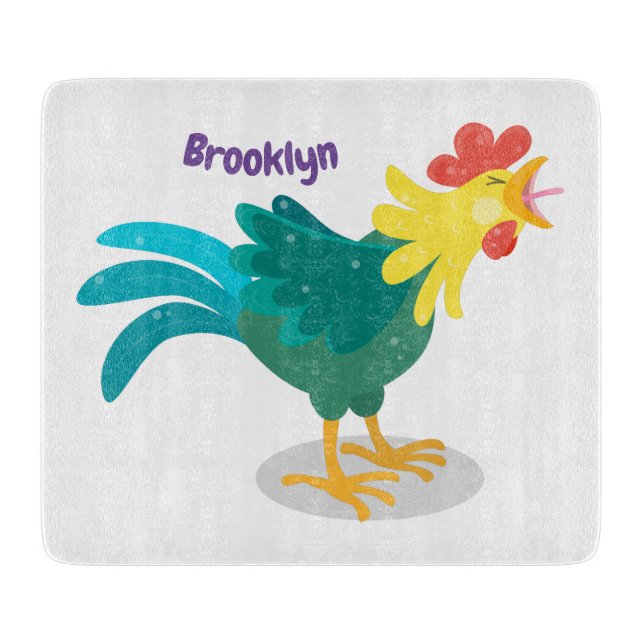 Cute funny crowing rooster cartoon illustration cutting board (Front)