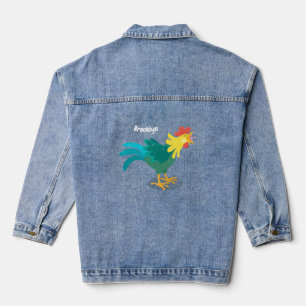 Cute funny crowing rooster cartoon illustration denim jacket