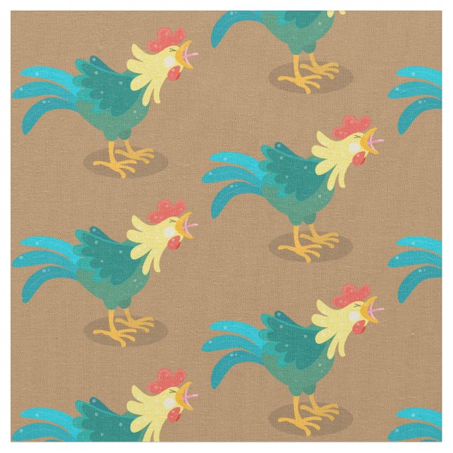 Cute funny crowing rooster cartoon illustration fabric (Close Up)