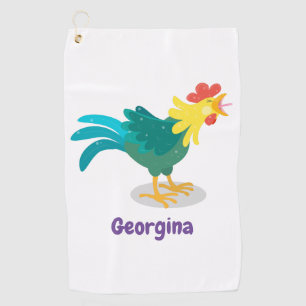 Cute funny crowing rooster cartoon illustration golf towel