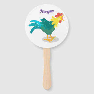 Cute funny crowing rooster cartoon illustration hand fan