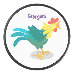 Cute funny crowing rooster cartoon illustration hockey puck