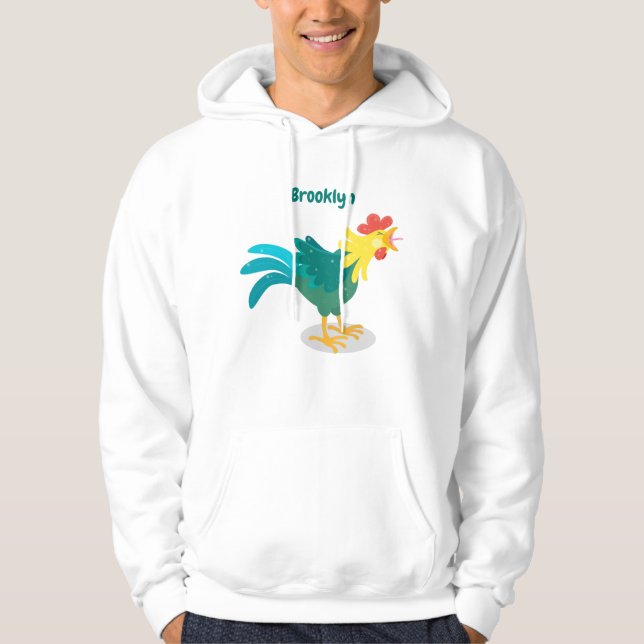 Cute funny crowing rooster cartoon illustration hoodie (Front)