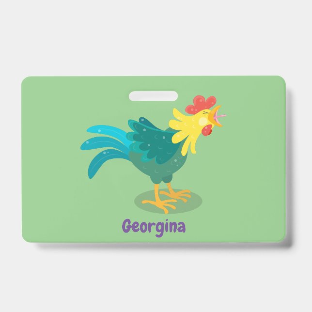 Cute funny crowing rooster cartoon illustration ID badge (Front)