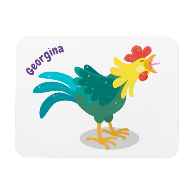 Cute funny crowing rooster cartoon illustration magnet (Horizontal)
