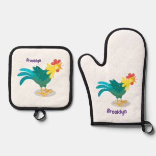 Cute funny crowing rooster cartoon illustration oven mitt & pot holder set