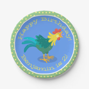 Cute funny crowing rooster cartoon illustration paper plate