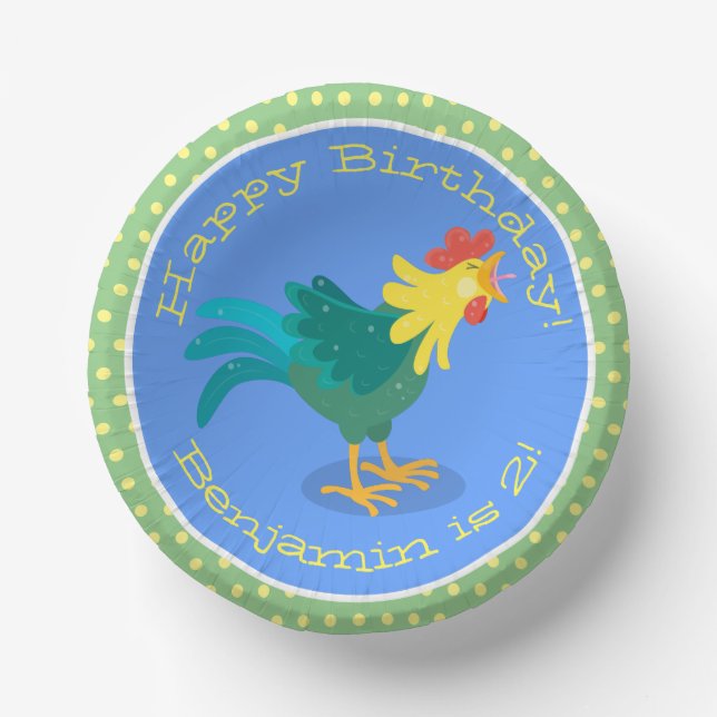 Cute funny crowing rooster cartoon illustration paper plate (Front)