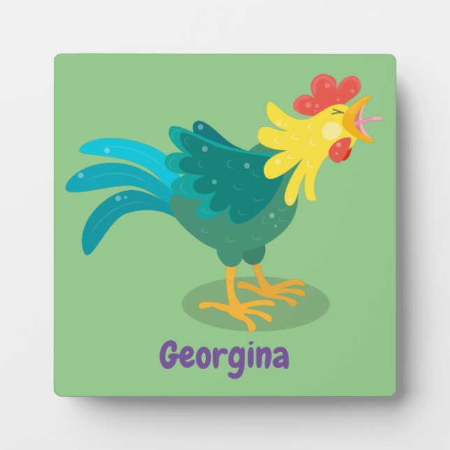 Cute funny crowing rooster cartoon illustration plaque (Front)