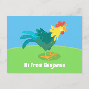 Cute funny crowing rooster cartoon illustration postcard