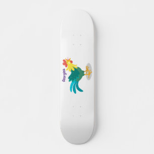 Cute funny crowing rooster cartoon illustration skateboard