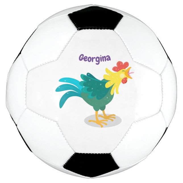 Cute funny crowing rooster cartoon illustration soccer ball (Front)