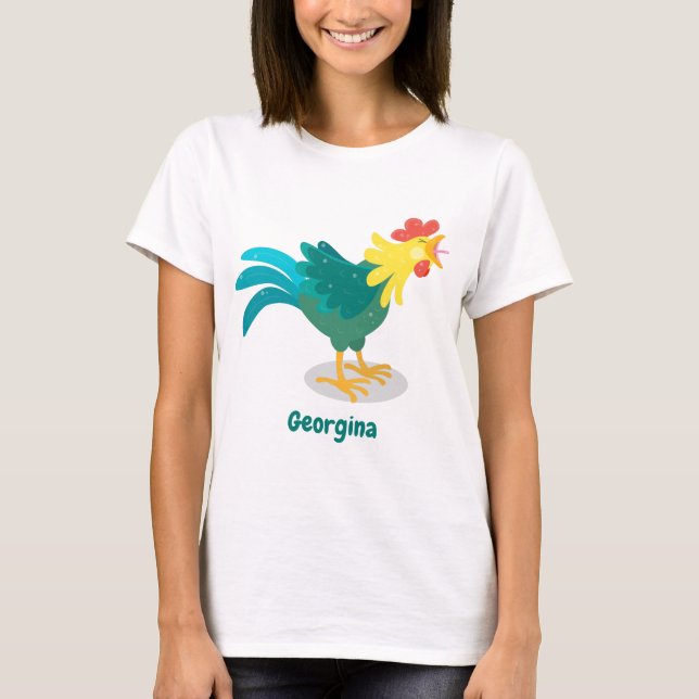Cute funny crowing rooster cartoon illustration T-Shirt (Front)