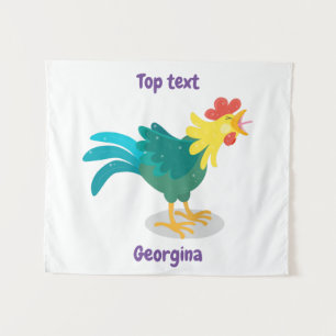 Cute funny crowing rooster cartoon illustration tapestry