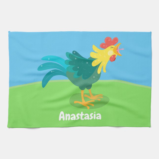 Cute funny crowing rooster cartoon illustration tea towel (Horizontal)