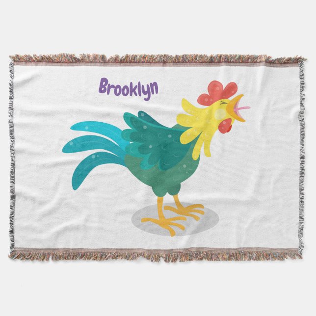 Cute funny crowing rooster cartoon illustration throw blanket (Front)